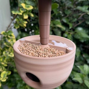 May include: A hanging bird feeder with a brown stem and a round, light brown bowl. The bowl is filled with small, tan seeds. The feeder has a small, oval opening on the side. The background is blurred green foliage.