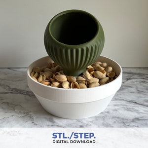 Può includere: Una ciotola per pistacchi stampata in 3D con una parte superiore verde, a coste e a forma di ciotola. La ciotola è piena di gusci di pistacchi.