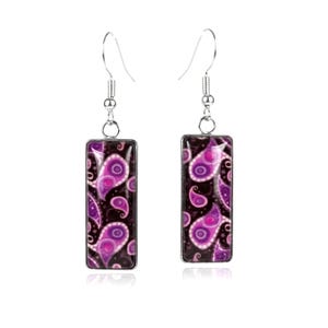 Paisley Pattern Earrings, Rectangle Drop Earrings, Purple Pink Design, Boho Jewellery Gift Her