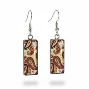 Cream Paisley Dangle Earrings | Boho Rectangle Drop Jewellery | Vintage Style Pattern Earrings