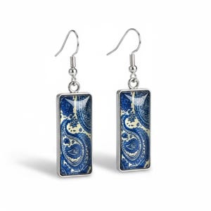 Boho Blue Paisley Earrings | Rectangle Statement Drop Jewellery