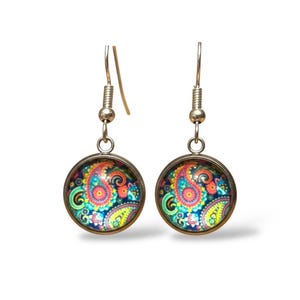 Paisley Dangle Earrings, Silver Sterling, Vibrant Paisley Mandala Swirl Design