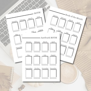 May include: Three white paper sheets with a book-of-the-month theme. Each sheet has a grid of book outlines with star ratings and months of the year. The text "BOTM" and "Aardvark BOTM" are visible.