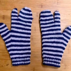 Op de afbeelding: Een paar gebreide wanten met een blauw-wit gestreept patroon. De wanten hebben een apart vak voor de duim en twee vingers. De manchetten zijn effen blauw.