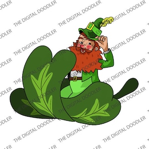 Cartoon Leprechaun on Leaf PNG | Cute Saint Patrick&#39;s Day, Digital Download, Clipart