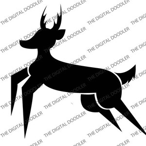 Puede incluir: Una silueta negra de un ciervo con cuernos, saltando hacia adelante con las patas extendidas.