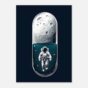Stampa artistica di astronauta spaziale / Design di capsula di pillola cosmica / Arte murale moderna dello spazio