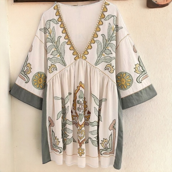 Robe d'été à motif de feuilles, Robe tunique à fleurs, Robe décontractée, Robe brodée ample, Robe de vacances, Mini robe tunique, Robe d'été printemps