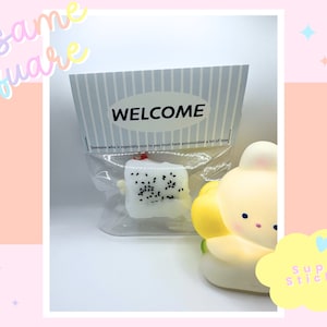 May include: A white squishy toy shaped like a sesame seed bun with black sesame seeds on top. The toy is packaged in a clear plastic bag with a white card that says "WELCOME" and "Someone who is especially nice to you must have accumulated a lot of love". A yellow and white squishy toy shaped like a bear is also in the image. The image has a pink and blue background with the words "Sesame Square" and "Super Sticky!" in the corners.