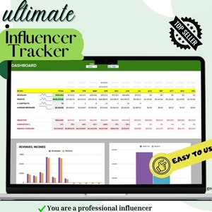 May include: A laptop screen showing an "Ultimate Influencer Tracker" dashboard with financial data and charts. The screen displays the text "Easy to Use." The image includes the text "Top Seller" and "You are a professional influencer."