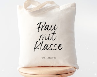 Stoffbeutel für Lehrerin in Natur oder Weiß,  Geschenk Lehrerin, Frau mit Klasse, Jutebeutel, Tragetasche, Leinentasche zum Einkaufen