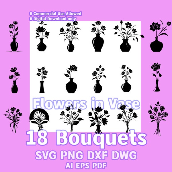 18 Bouquet and Flower in Vase Bundle, botanical svg,flower art, Floral Svg,cut files Cricut, Clipart,Commercial Use,Digital Instant Download