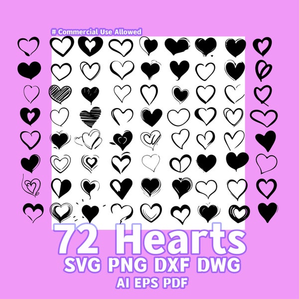 72 Heart Bundle SVG, Heart Doodle SVG, Heart SVG cut files for Cricut, Heart Clipart, Hand-Drawn Heart Svg, Commercial Use, Instant Download