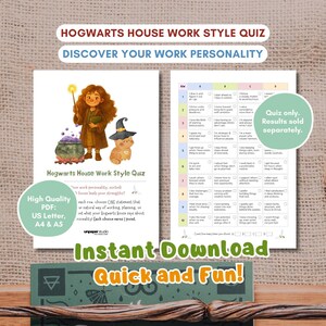 May include: A digital download featuring a Hogwarts House Work Style Quiz. The image includes a quiz with multiple-choice questions and a whimsical illustration of a witch, a cauldron, and a cat wearing a witch hat. Text reads "Instant Download Quick and Fun!"