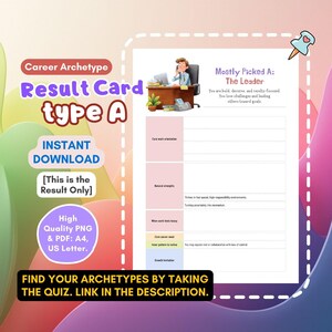 May include: A digital career archetype result card, type A, with the title "The Leader." The card includes sections for core work orientation, natural strengths, and growth limitations. The card is available for instant download in PNG and PDF formats.