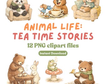 Tea Time Stories Clipart Set | 12 PNG Watercolor Graphics, Woodland Animal Life, Digital Download