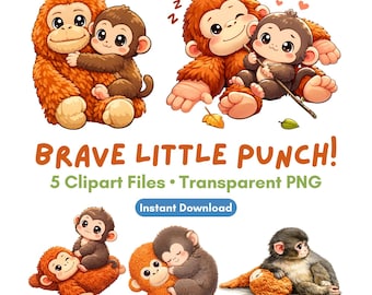 Brave Little Punch Clipart Set | Baby Monkey, Nursery Animal Decor, 5 Transparent PNG