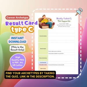 May include: A digital download graphic with the text "Career Archetype Result Card type C". The card features an illustration of a person with a dog, and the text "The Supporter". Includes the text "Instant Download" and "High Quality PNG & PDF: A4, US Letter."