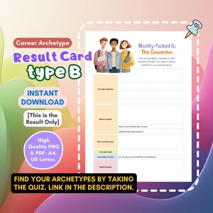 May include: A digital download graphic with the text "Career Archetype Result Card type B". The card features illustrations of three people and the text "Mostly Picked B: The Connector". Includes the text "Instant Download" and "High Quality PNG & PDF".