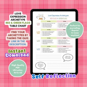 May include: A digital tablet shows a chart titled "Love Expression Archetypes: Red Flags & Green Flags." The chart is for self-reflection and includes a quiz to find your archetypes. The image also features text that says "Instant Download."