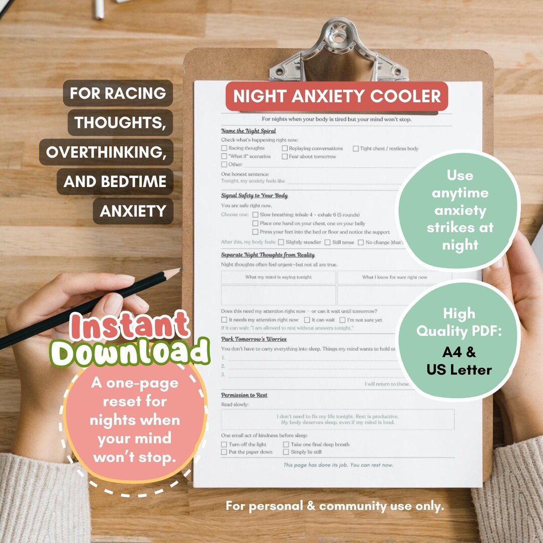 Night Anxiety Relief | One Page Printable to Calm Overthinking, Racing ...
