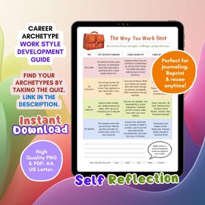 May include: A digital career archetype work style development guide on a tablet. The guide includes text such as "Find Your Archetypes" and "Instant Download." The image also features a "Self Reflection" section and a prompt to take a quiz.