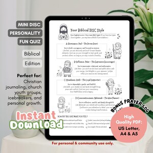 May include: A digital download of a Biblical DISC personality quiz. The quiz is designed for Christian journaling, youth groups, and personal growth. The image includes the text "Instant Download" and "High Quality PDF".