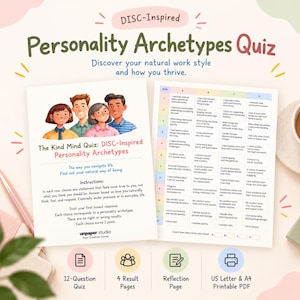 Pode incluir: Um questionário de arquétipos de personalidade inspirado no DISC impresso em duas folhas de papel branco. O documento inclui instruções, uma grade de 12 perguntas com colunas A, B, C e D, e uma ilustração de quatro pessoas diversas.