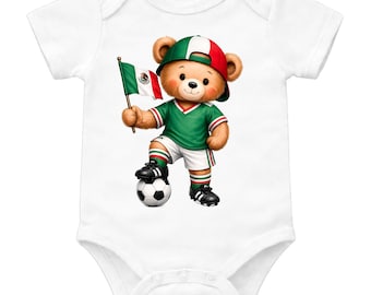 Body de bebé con diseño de oso futbolista mexicano, body para bebé del Mundial, lindo conjunto de oso futbolista, camiseta de bebé de fútbol mexicano