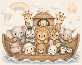 Decoración de pared para habitación infantil con el Arca de Noé, lámina con animales bebés en el Arca, decoración cristiana para habitación infantil, arte bíblico neutro para habitación infantil, lámina imprimible de animales en acuarela.