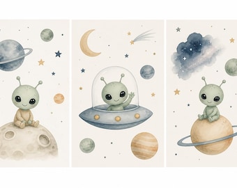 Juego de 3 láminas decorativas para habitación infantil con temática espacial, láminas de alienígenas para bebés, decoración espacial en acuarela, decoración para habitación infantil con temática del espacio exterior, arte imprimible para habitación de niños pequeños.