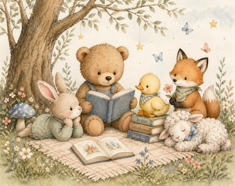 Decoración de pared infantil con temática de bosque, lámina de animales para bebés, decoración infantil con temática de bosque, arte de acuarela de oso, zorro y conejo, lámina infantil con cuento de hadas en tonos neutros.