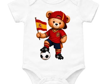 Body de bebé con osito de peluche de fútbol de España, body de bebé de fútbol de España, conjunto de bebé para la Copa del Mundo, regalo para bebé aficionado a España, osito de peluche de fútbol