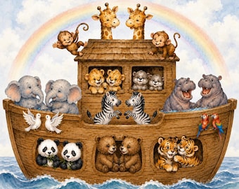 Decoración de pared para habitación infantil con el Arca de Noé, lámina con animales bebés en el Arca, decoración cristiana para habitación infantil, arte bíblico neutro para habitación infantil, lámina imprimible de animales en acuarela.