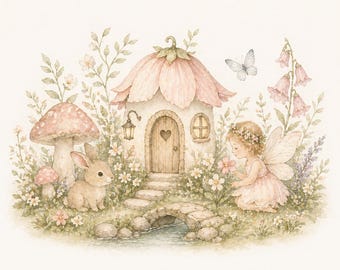 Decoración de pared para guardería infantil con temática de jardín de hadas, lámina de casa de setas, decoración bohemia para guardería infantil, lámina imprimible para habitación de niña, guardería de ensueño