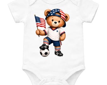 Body de bebé con estampado de oso de la selección de fútbol de EE. UU., conjunto patriótico para bebé del Mundial, body de bebé de fútbol americano - Conjunto para bebé aficionado al fútbol americano