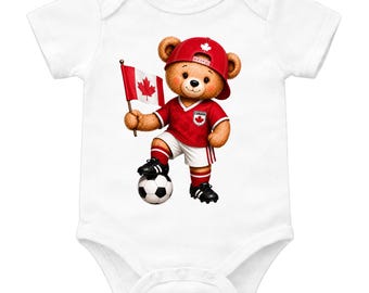 Body de osito de peluche de la selección canadiense de fútbol, body de bebé de la selección canadiense de fútbol, conjunto de bebé para la Copa del Mundo, regalo para bebé aficionado al fútbol canadiense