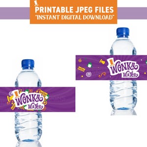 Puede incluir: Etiquetas imprimibles para botellas de agua con un fondo morado y un diseño caprichoso de una barra de chocolate, un sombrero y el texto "Wonka Water".