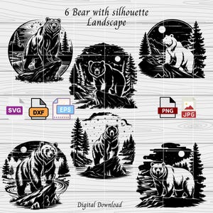 Peut inclure: Six images en silhouette noire et blanche d'ours dans un paysage forestier. Chaque image représente un ours debout sur un rocher avec une lune et des étoiles en arrière-plan. Le texte "6 Bear with silhouette Landscape" est en haut de l'image.