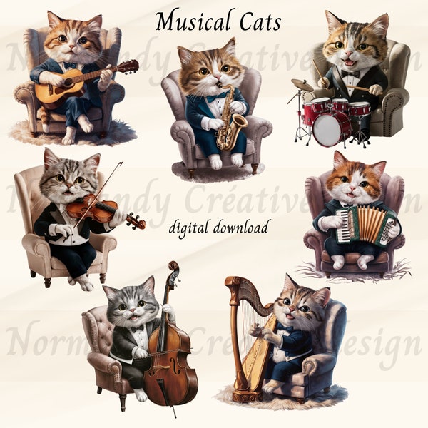 Musical Cats Clipart Bundle, Cute Animal Png Perfect for Music Lovers, Funny Cat Png and Jpg, cats illustration, cats musical instruments