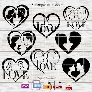 Couples SVG, 8 Valentine Svg Heart Cut Files, Heart Svg Eps Dxf Png and Jpg, heart love svg bundle, Couples In Love, Valentines Day Clipart