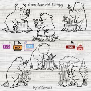 Bear Svg Bundle, Baby cub Svg,  6 Cute Baby Bear with butterfly, baby bear SVG file, butterfly svg, Download files Svg Dxf Eps Png and Jpeg
