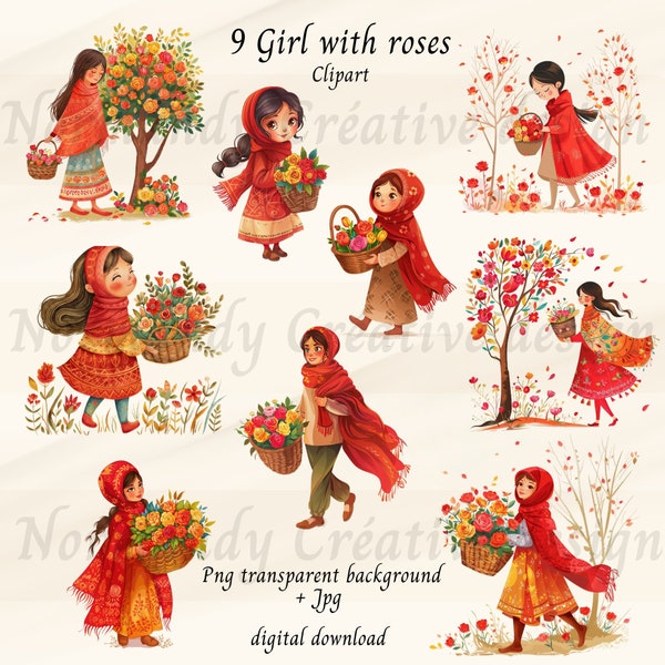 Naive girl with roses, 9 girls illustration Png and Jpg, Naive art clipart, cute scene girl and flowers, sublimation art, naive printable