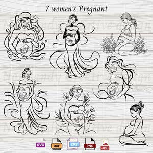 Kobieta w ciąży SVG, 7 New Mom SVG Eps Dxf PNG i JPG, pakiet ogłoszenia o ciąży SVG, macierzyństwo SVG, macierzyństwo SVG, grafika liniowa w ciąży