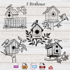 Bird House Outline SVG,  5 Birdhouse Svg Eps Dxf Png and Jpeg, Bird nest svg, Bird house svg file, Gardening svg, Birdhouse clipart