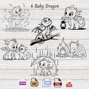 Baby Dragon Svg, 6 Dragon Svg Eps Dxf Png and Jpeg, Cute Baby Dragon SVG, Fantasy SVG, Cute Mythical Animal SVG,  Laser Engraving,