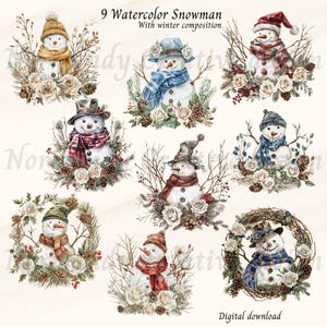 retro Snowman Clipart Bundle, 9 watercolor Snowman Png and Jpeg, Christmas Snowman Png, Winter Holidays, Sublimation Design Download PNG