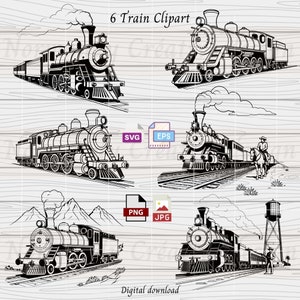 Train SVG, Locomotive Svg, 6 vintage train Svg Eps Png and Jpg, Train Clipart, steam train svg, Train Svg File, digital download, Vector svg