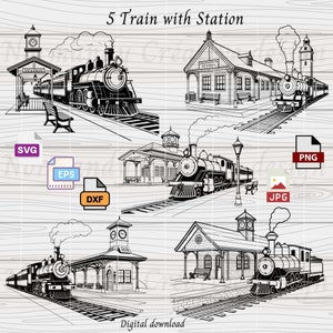 Train SVG, Station Svg, 5 vintage station train Svg Eps Png and Jpg, Train Clipart, steam train svg, Train Svg File, station Vector svg