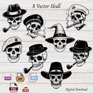 8 Skull SVG Cut File, Skull with hat Svg Eps Dxf Png and Jpeg, Gangster Skull with Cigar and pipe, Halloween Skull Face SVG, Skeleton Svg